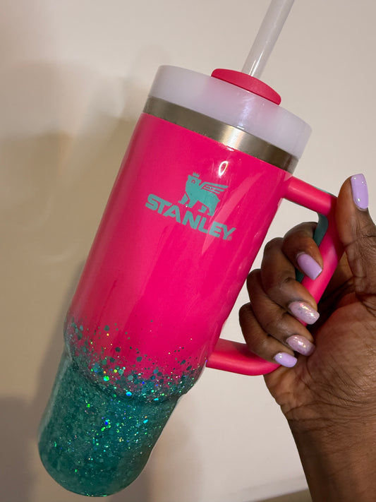 Personalized Pink & Teal Stanley Glitter Tumbler