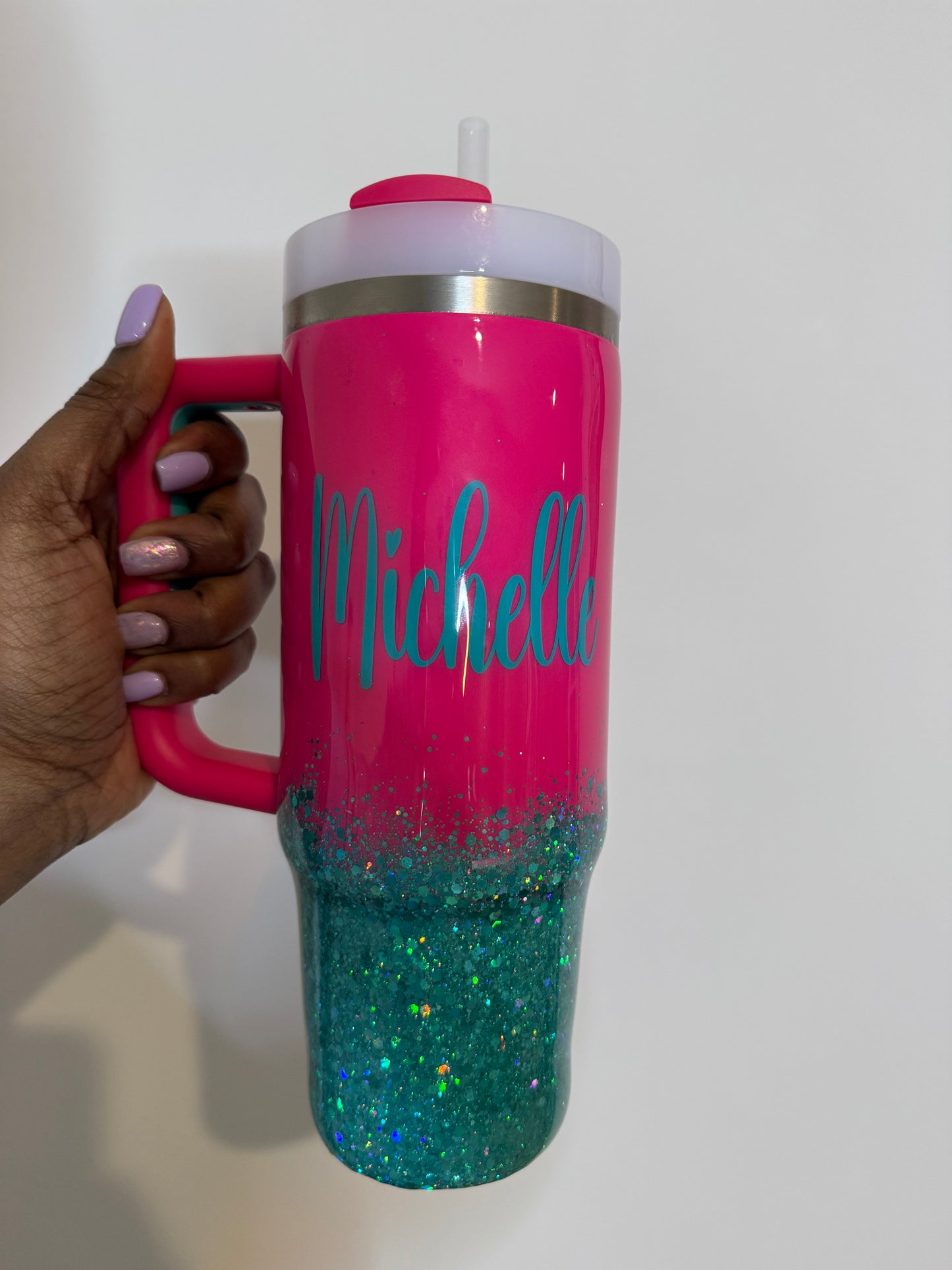 Personalized Pink & Teal Stanley Glitter Tumbler